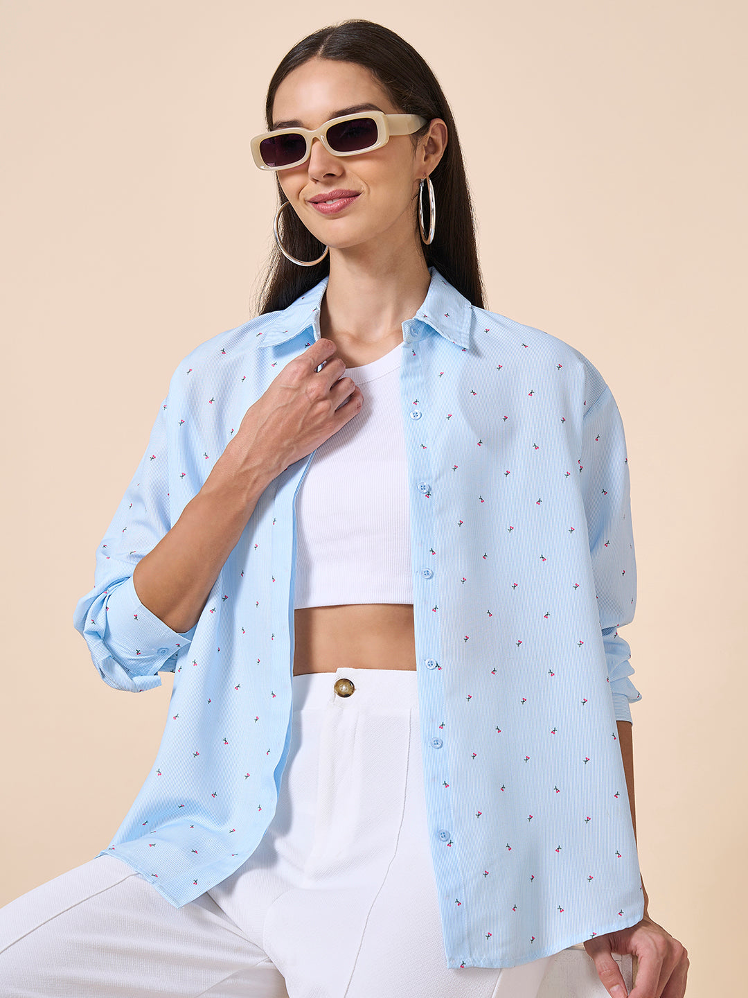 Style Quotient Women Blue Multi Stripe Printed Smart Casual Oversized Polyester Shirt-Shirts-StyleQuotient