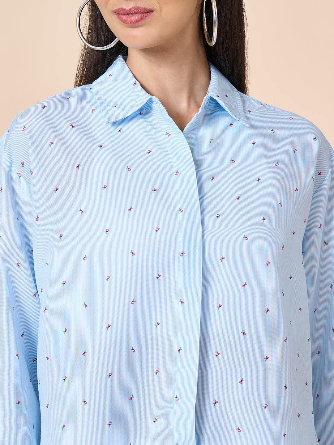 Style Quotient Women Blue Multi Stripe Printed Smart Casual Oversized Polyester Shirt-Shirts-StyleQuotient