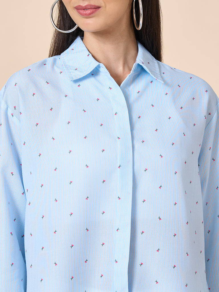 Style Quotient Women Blue Multi Stripe Printed Smart Casual Oversized Polyester Shirt-Shirts-StyleQuotient