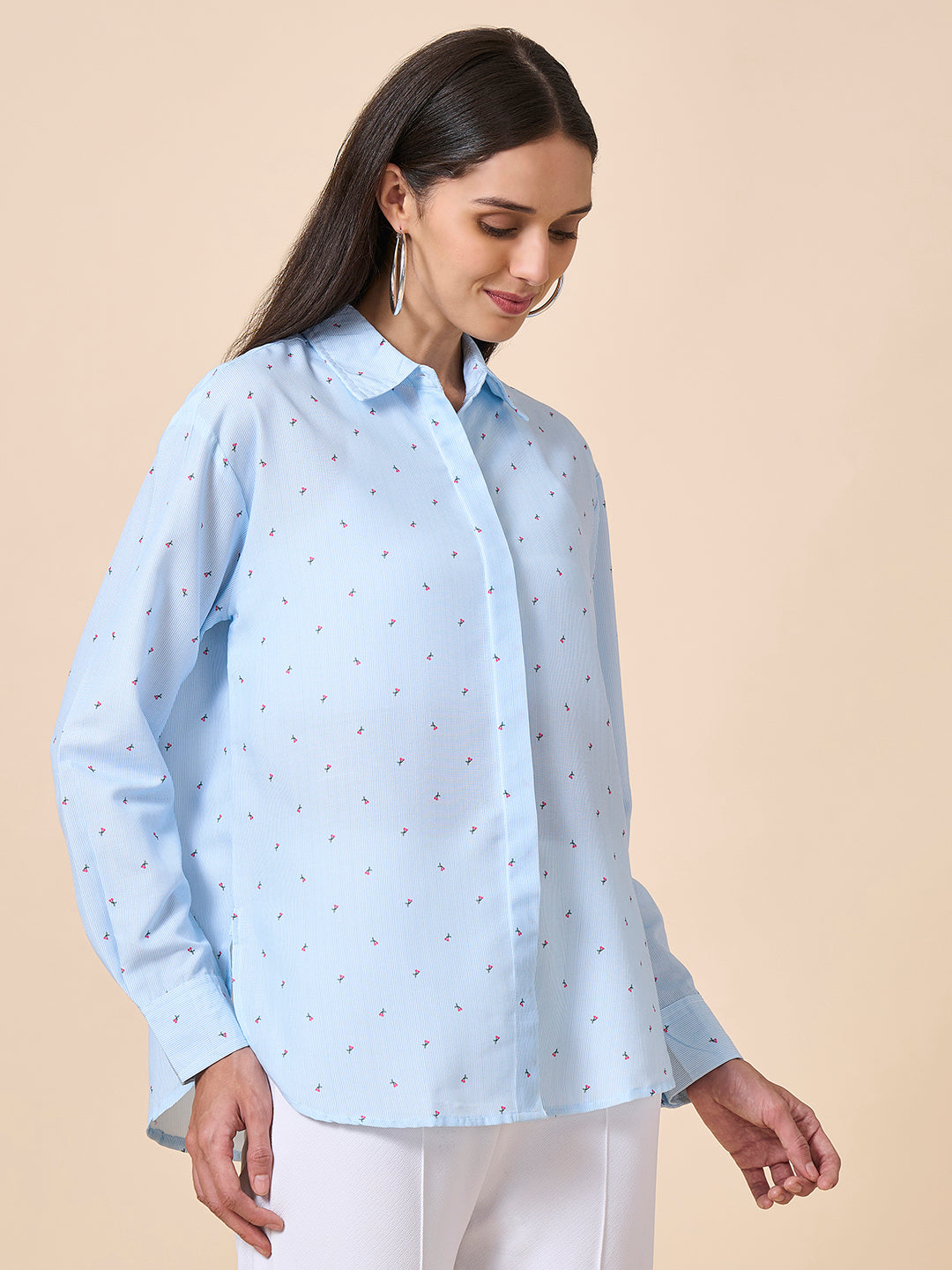 Style Quotient Women Blue Multi Stripe Printed Smart Casual Oversized Polyester Shirt-Shirts-StyleQuotient