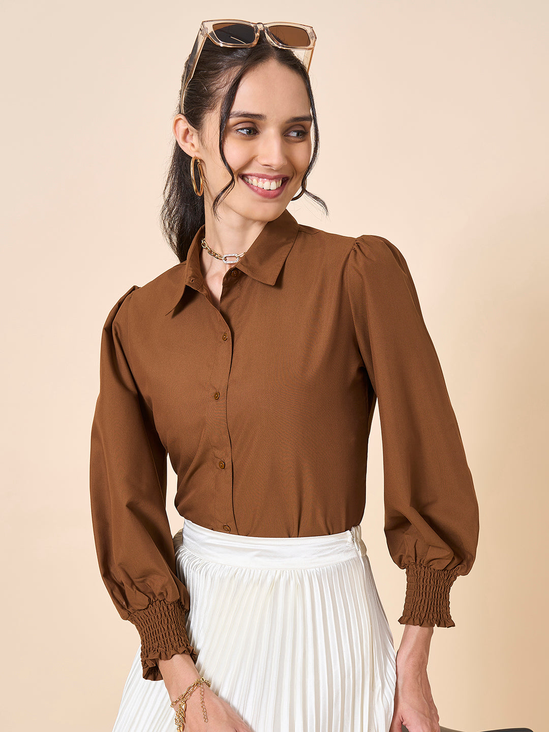 Style Quotient Women Solid Tan Polycotton Shirt-Shirts-StyleQuotient