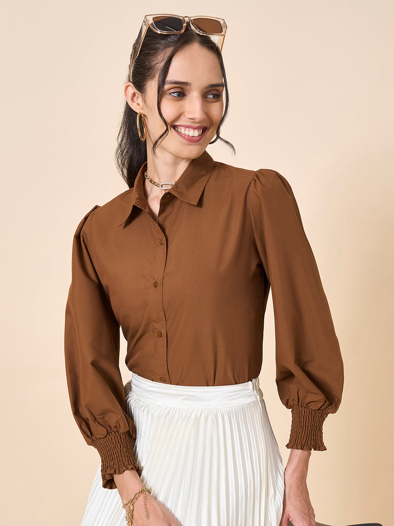 Style Quotient Women Solid Tan Polycotton Shirt-Shirts-StyleQuotient