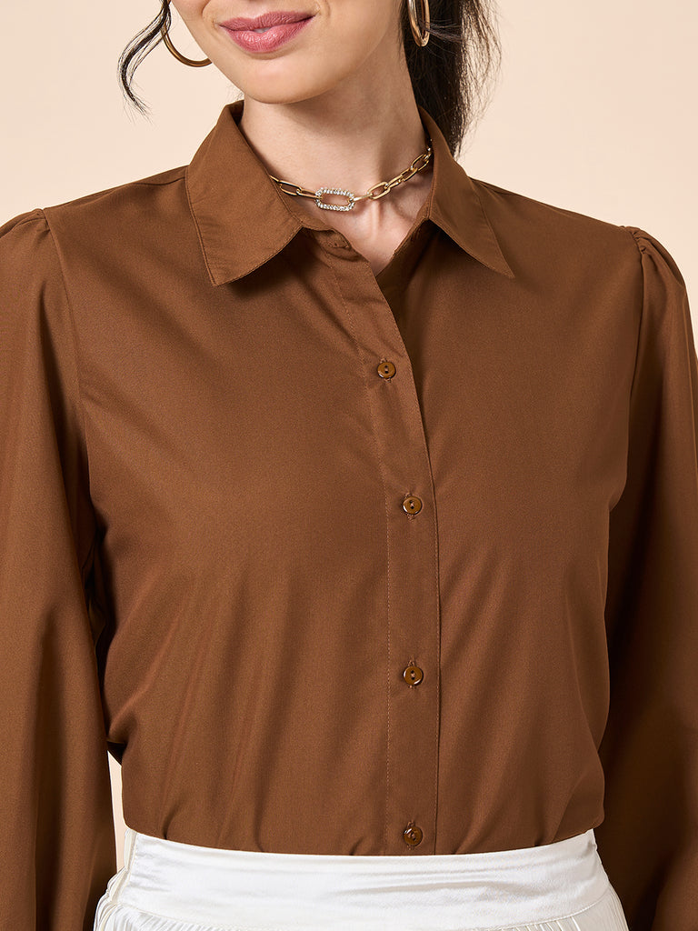 Style Quotient Women Solid Tan Polycotton Shirt-Shirts-StyleQuotient