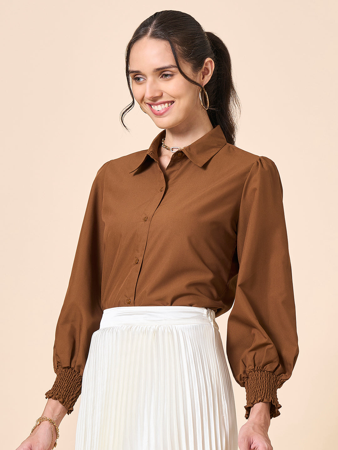 Style Quotient Women Solid Tan Polycotton Shirt-Shirts-StyleQuotient