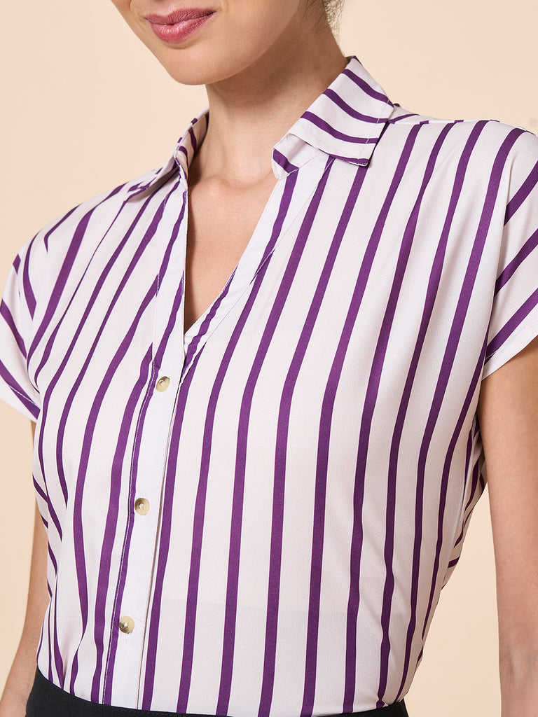 Style Quotient Women Off White And Magenta Polycrepe Regular Fit Formal Shirt-Shirts-StyleQuotient