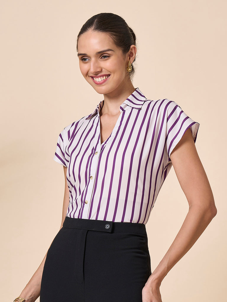 Style Quotient Women Off White And Magenta Polycrepe Regular Fit Formal Shirt-Shirts-StyleQuotient