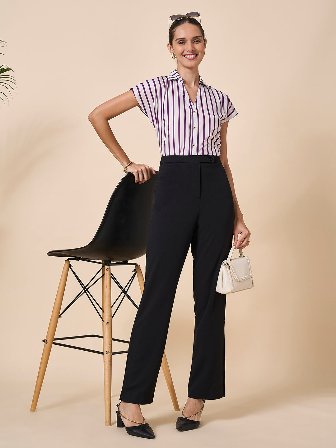 Style Quotient Women Off White And Magenta Polycrepe Regular Fit Formal Shirt-Shirts-StyleQuotient