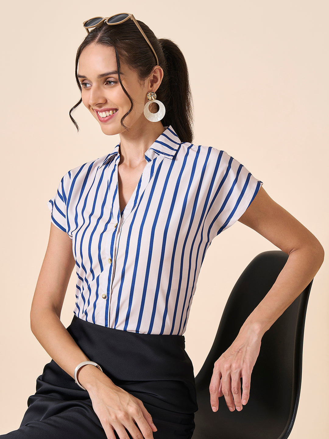 Style Quotient Women Off White And Navy Polycrepe Regular Fit Formal Shirt-Shirts-StyleQuotient