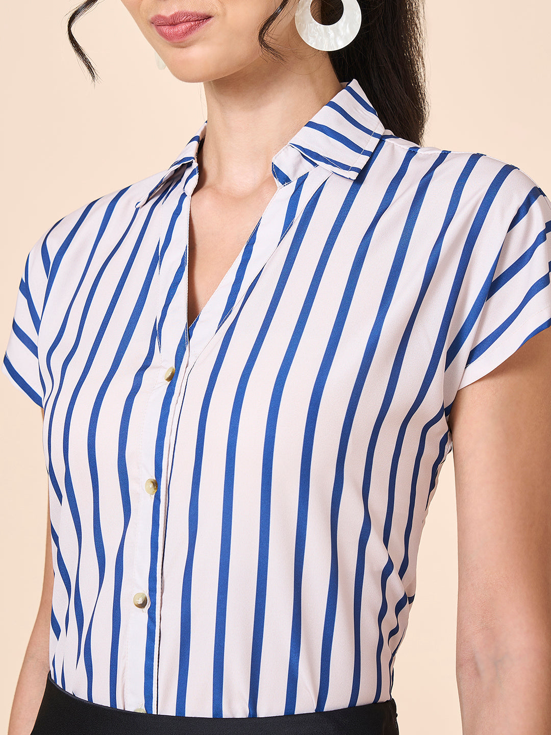 Style Quotient Women Off White And Navy Polycrepe Regular Fit Formal Shirt-Shirts-StyleQuotient