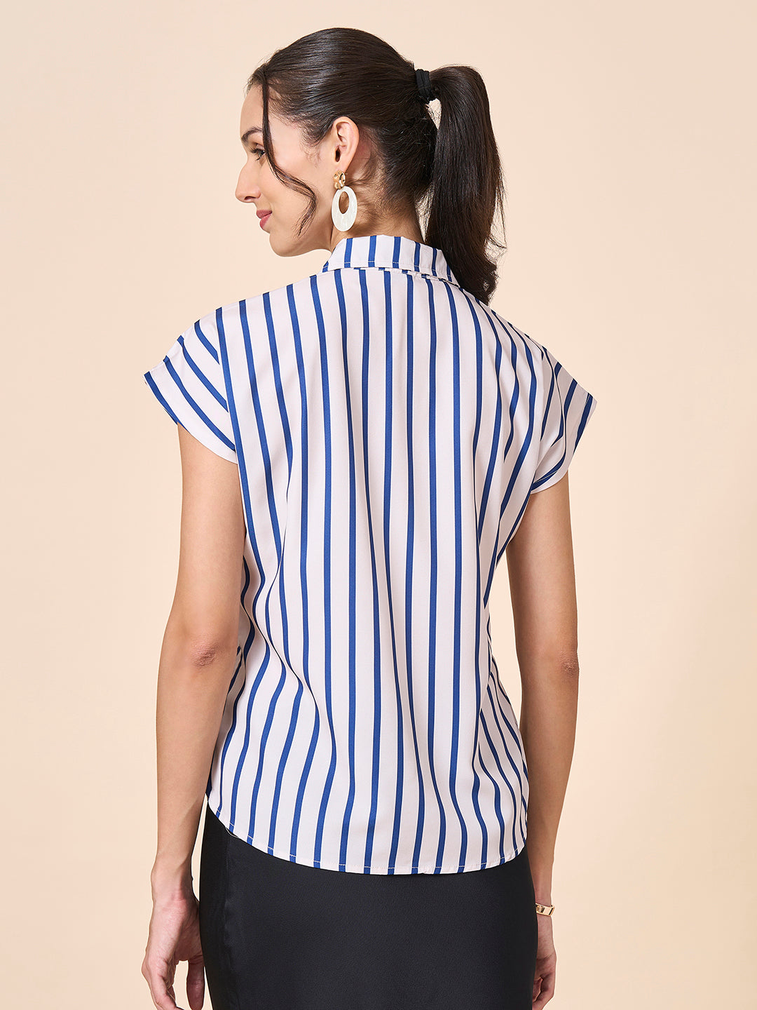 Style Quotient Women Off White And Navy Polycrepe Regular Fit Formal Shirt-Shirts-StyleQuotient