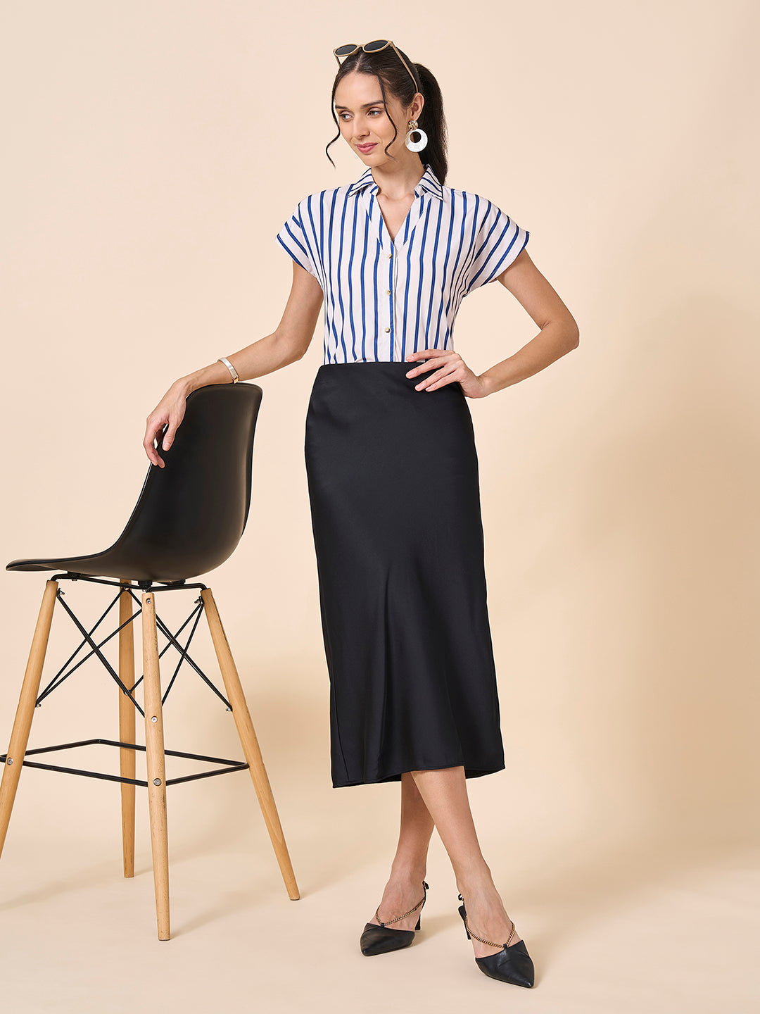 Style Quotient Women Off White And Navy Polycrepe Regular Fit Formal Shirt-Shirts-StyleQuotient