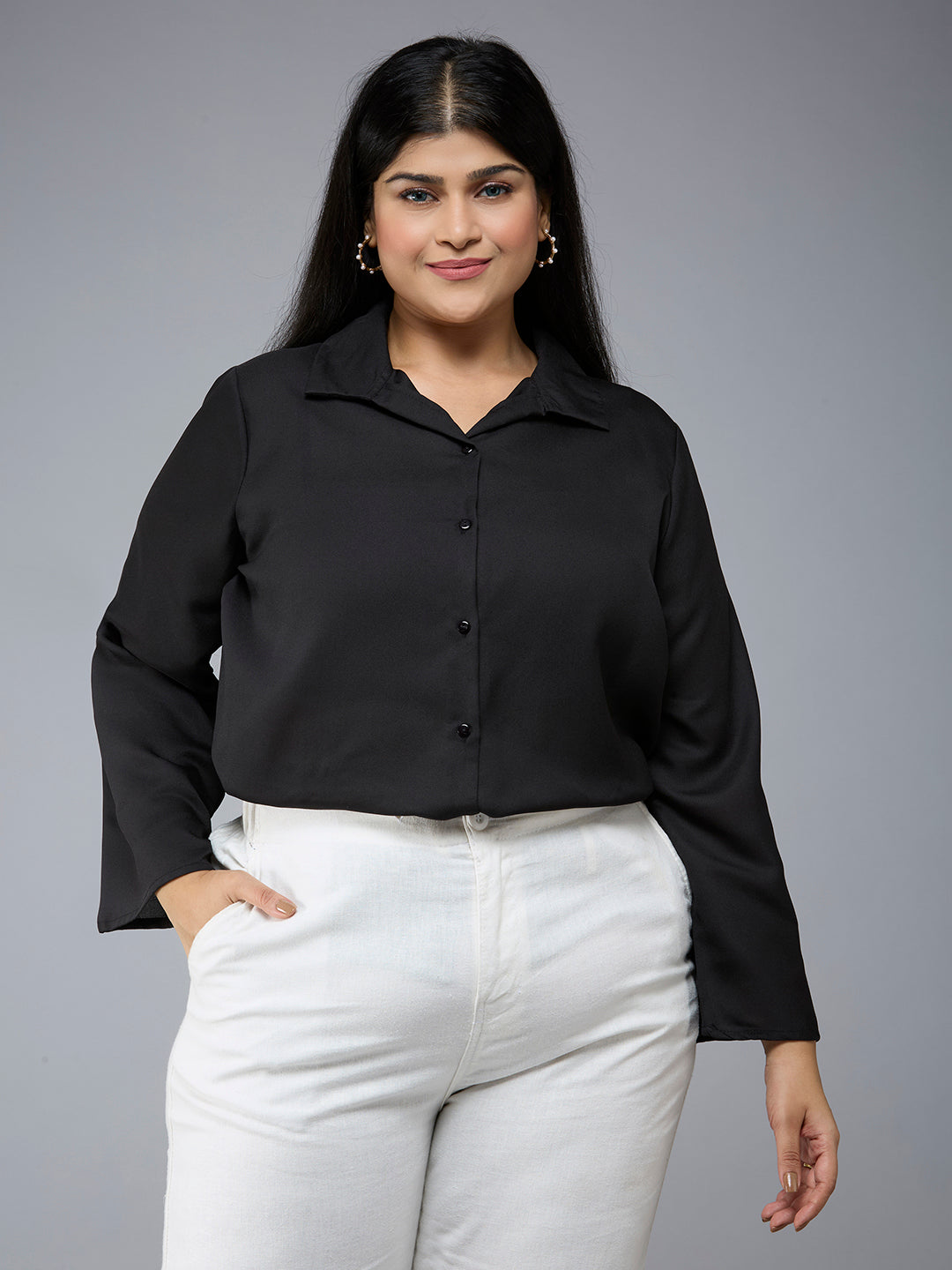Style Quotient Plus Size Women Solid Black Polymoss Semi Formal Shirt-Shirts-StyleQuotient