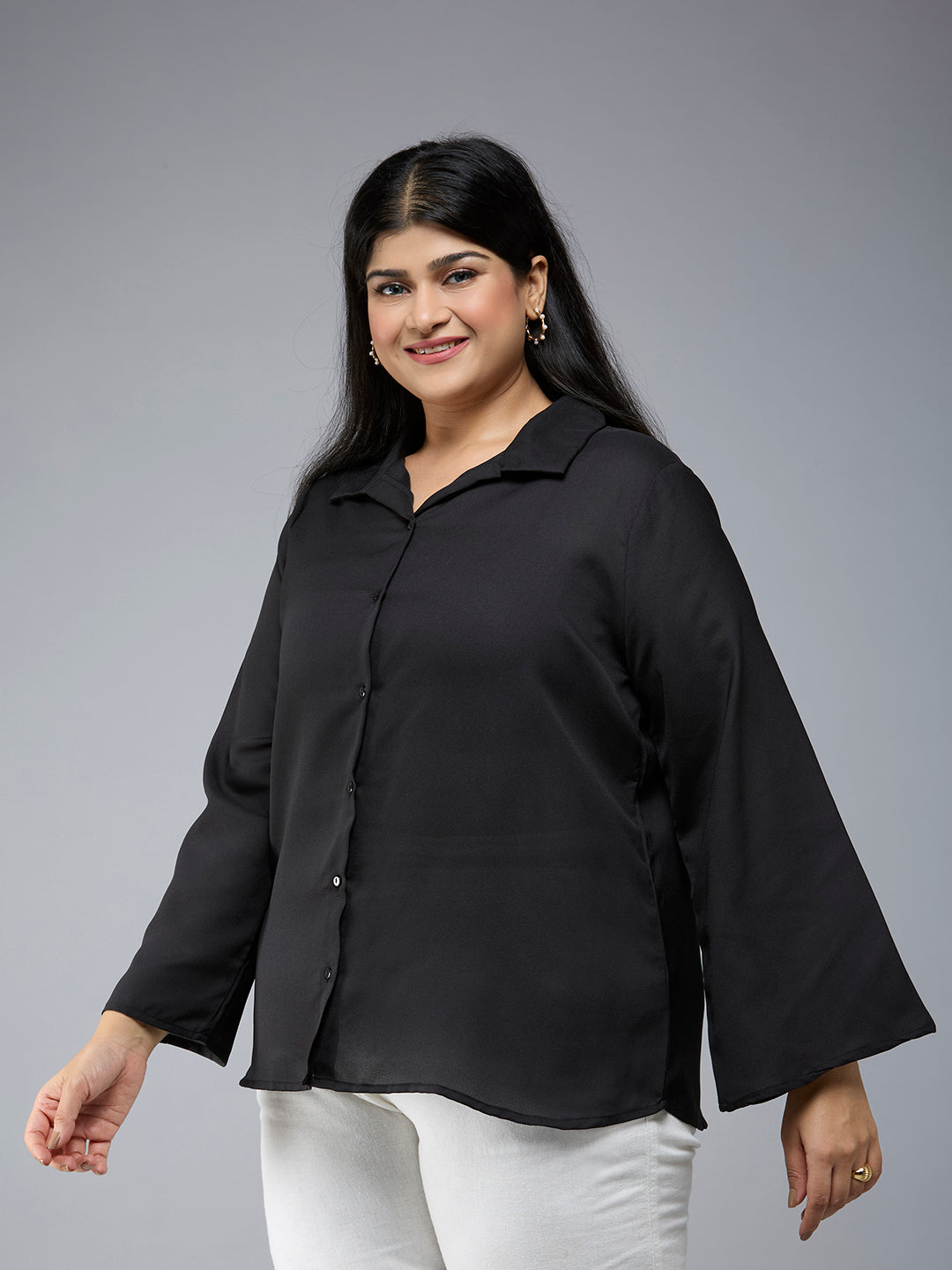 Style Quotient Plus Size Women Solid Black Polymoss Semi Formal Shirt-Shirts-StyleQuotient