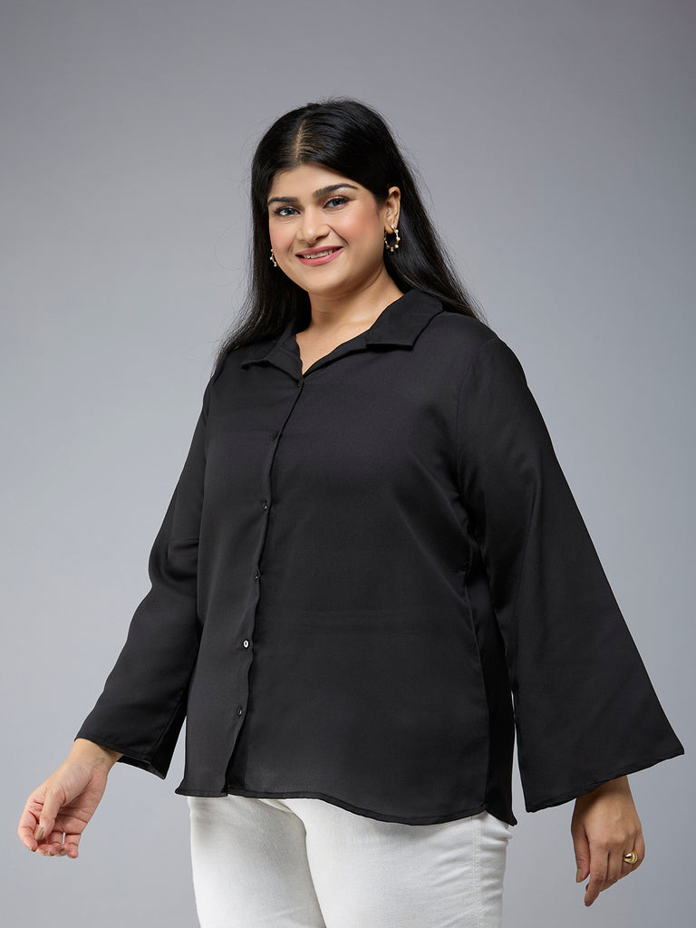 Style Quotient Plus Size Women Solid Black Polymoss Semi Formal Shirt-Shirts-StyleQuotient