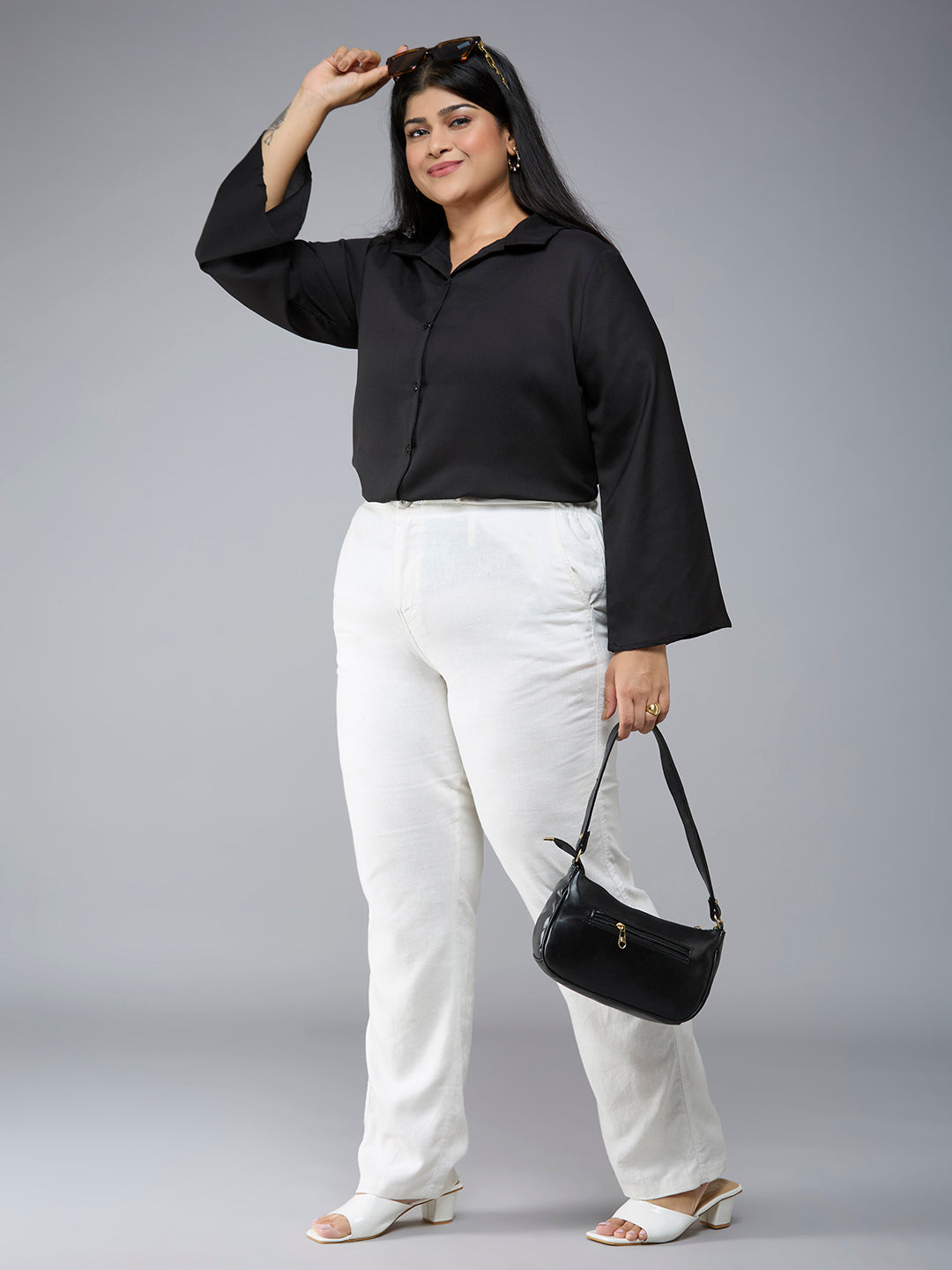 Style Quotient Plus Size Women Solid Black Polymoss Semi Formal Shirt-Shirts-StyleQuotient