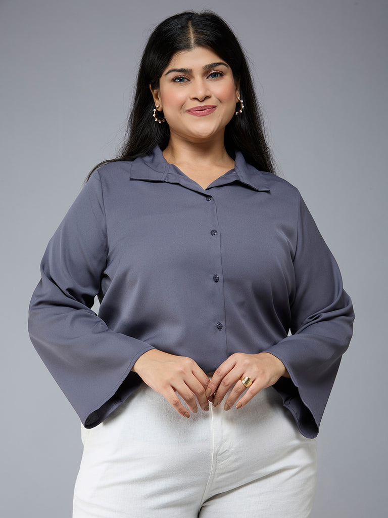 Style Quotient Plus Size Women Solid Grey Polymoss Semi Formal Shirt-Shirts-StyleQuotient
