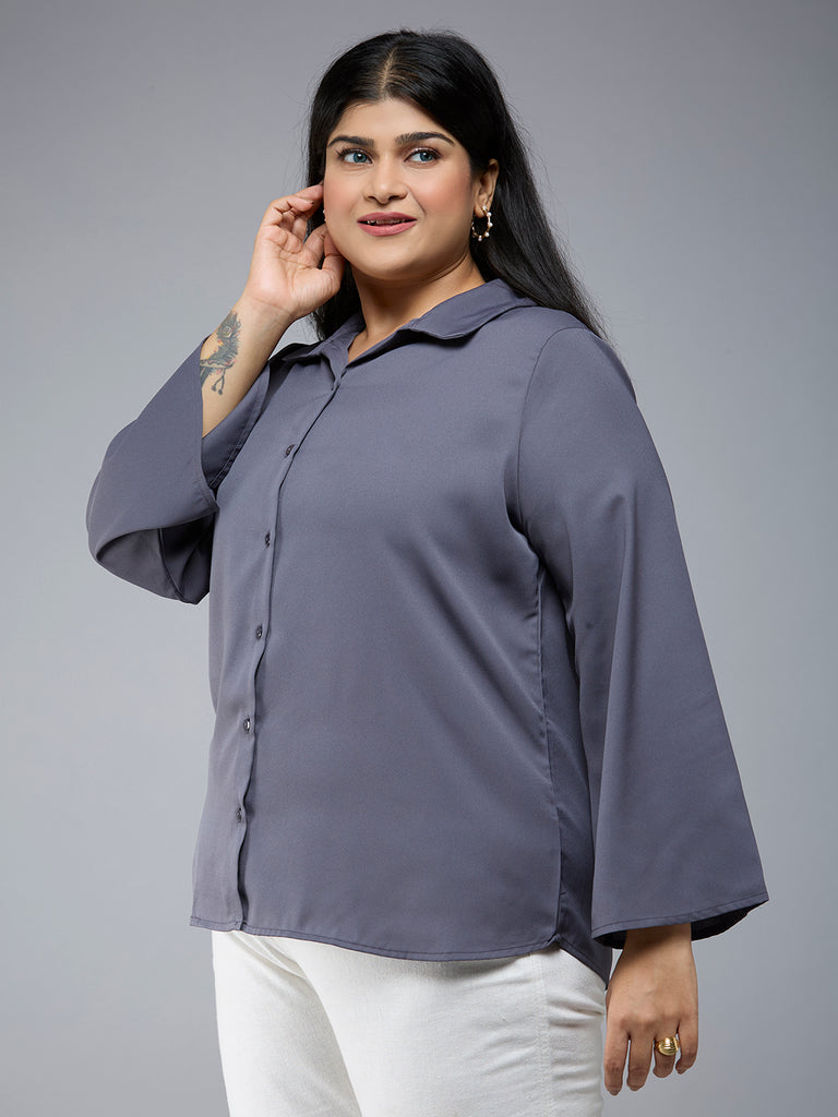 Style Quotient Plus Size Women Solid Grey Polymoss Semi Formal Shirt-Shirts-StyleQuotient