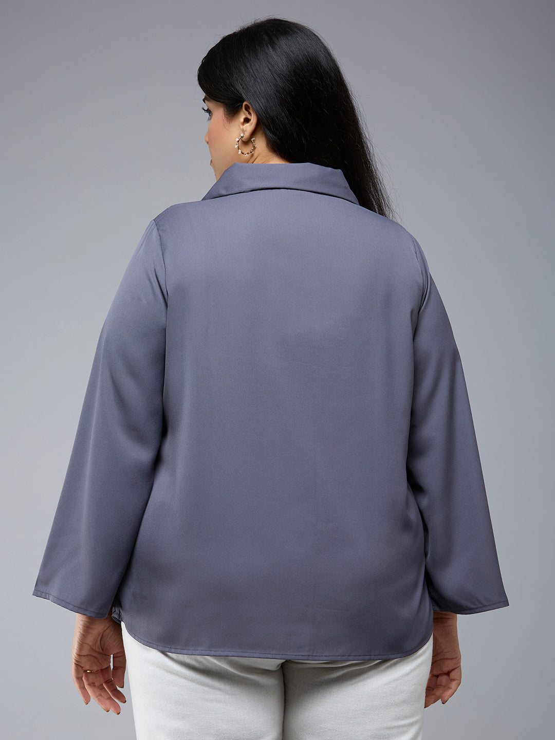 Style Quotient Plus Size Women Solid Grey Polymoss Semi Formal Shirt-Shirts-StyleQuotient