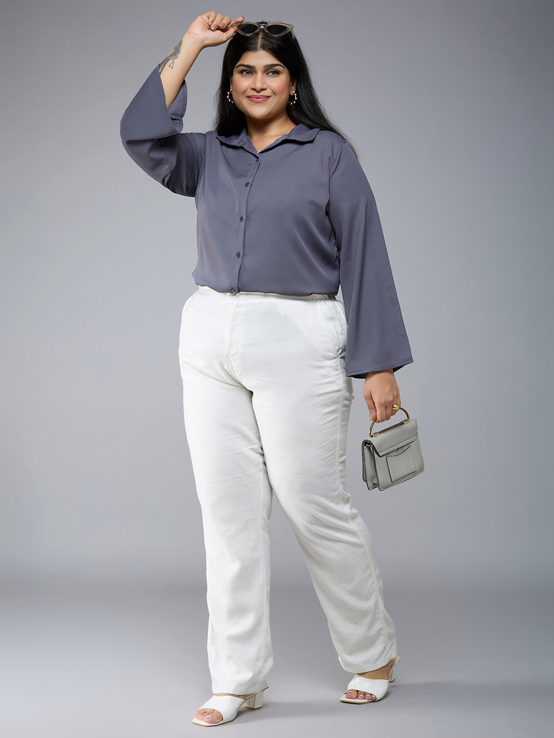 Style Quotient Plus Size Women Solid Grey Polymoss Semi Formal Shirt-Shirts-StyleQuotient