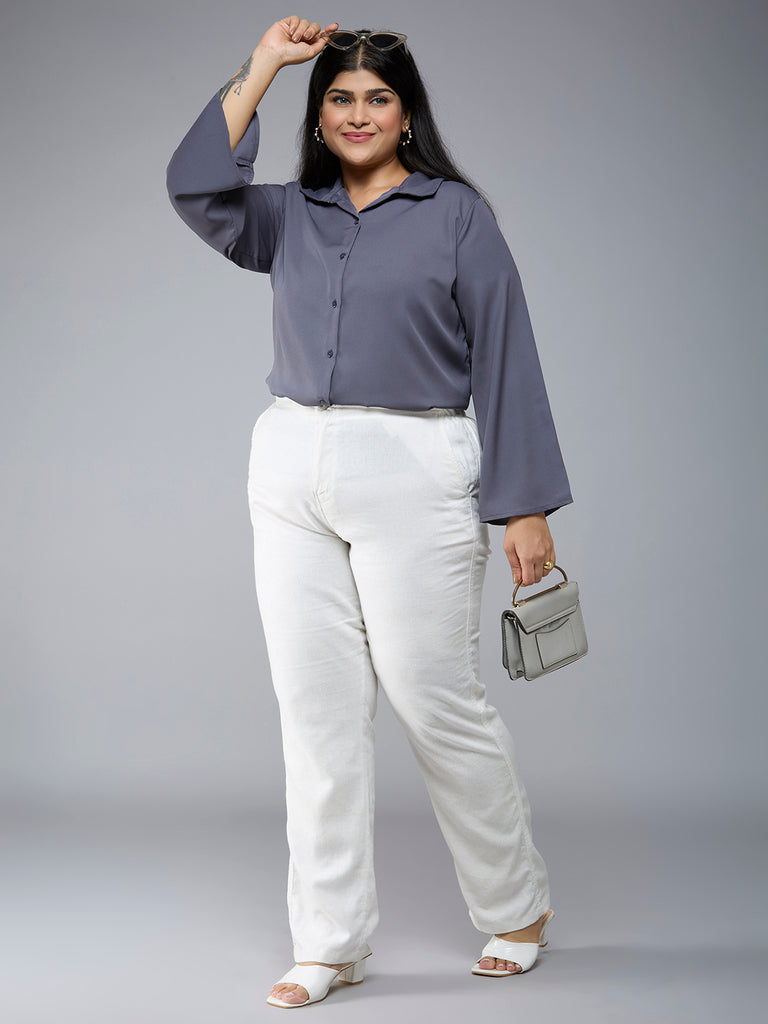 Style Quotient Plus Size Women Solid Grey Polymoss Semi Formal Shirt-Shirts-StyleQuotient