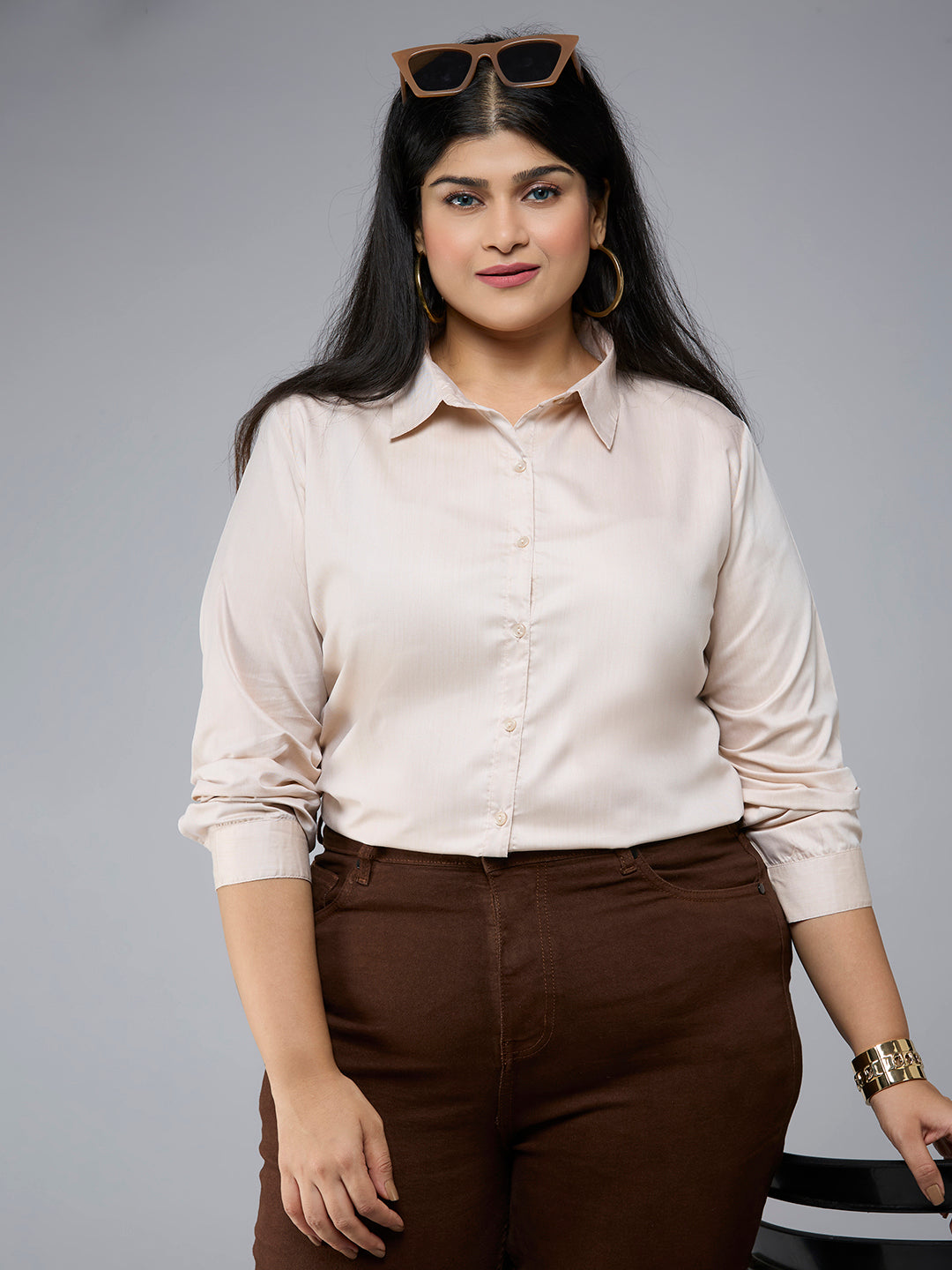 Style Quotient Plus Size Women Solid Beige Polycotton formal shirt-Shirts-StyleQuotient