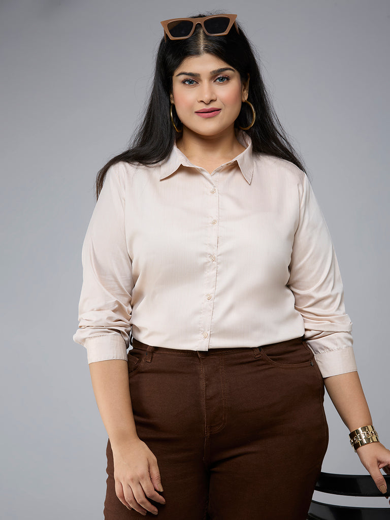 Style Quotient Plus Size Women Solid Beige Polycotton formal shirt-Shirts-StyleQuotient