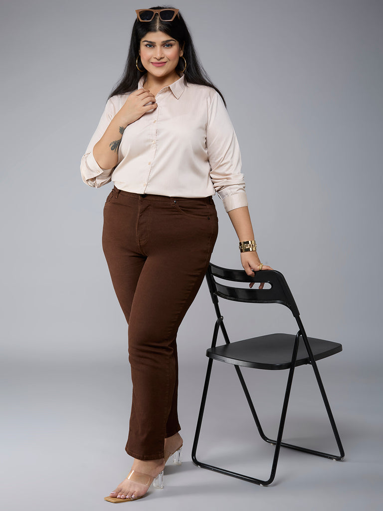 Style Quotient Plus Size Women Solid Beige Polycotton formal shirt-Shirts-StyleQuotient