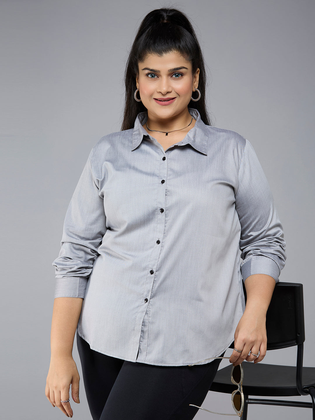 Style Quotient Plus Size Women Solid Black Polycotton formal shirt-Shirts-StyleQuotient
