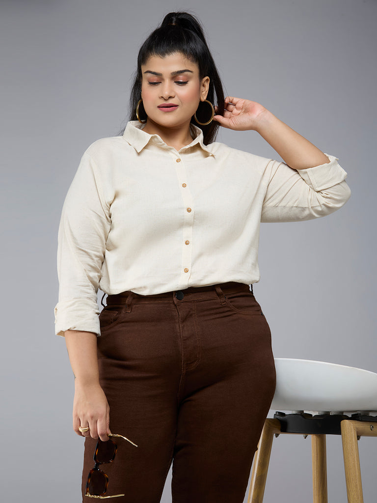 Style Quotient Plus size Women Solid Beige Polycotton formal shirt-Shirts-StyleQuotient