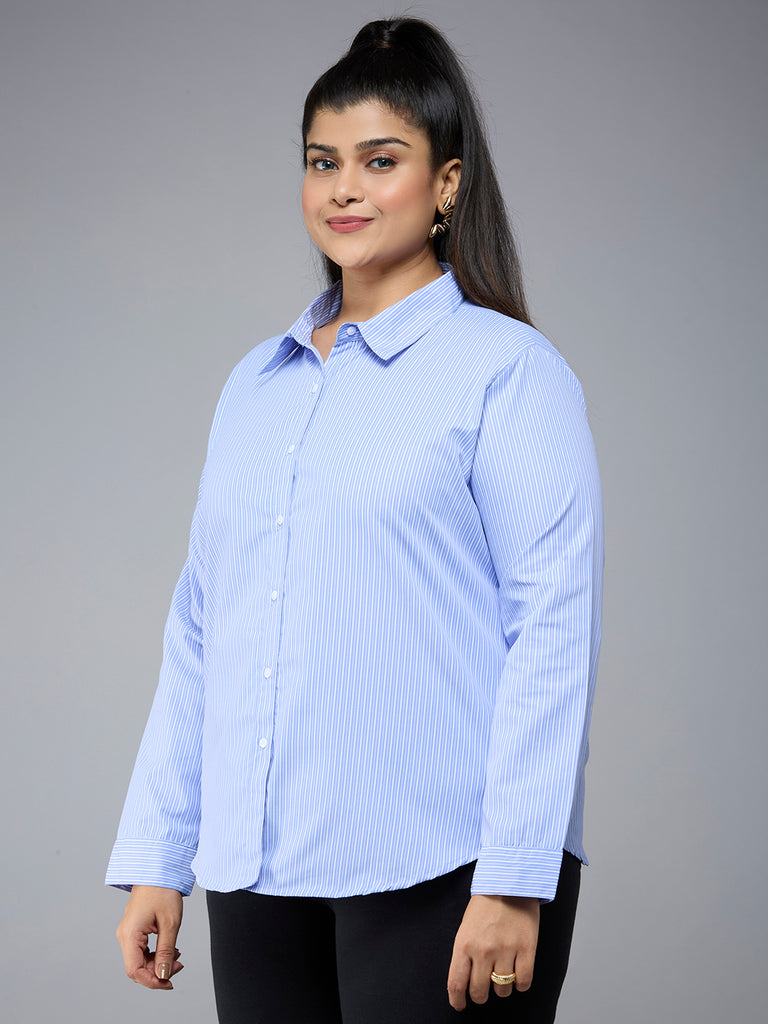 Style Quotient Plus Size Women Blue White Stripe Polycotton formal shirt-Shirts-StyleQuotient