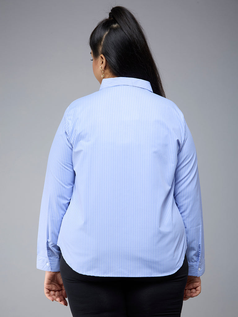 Style Quotient Plus Size Women Blue White Stripe Polycotton formal shirt-Shirts-StyleQuotient