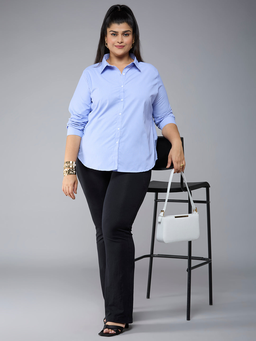 Style Quotient Plus Size Women Blue White Stripe Polycotton formal shirt-Shirts-StyleQuotient