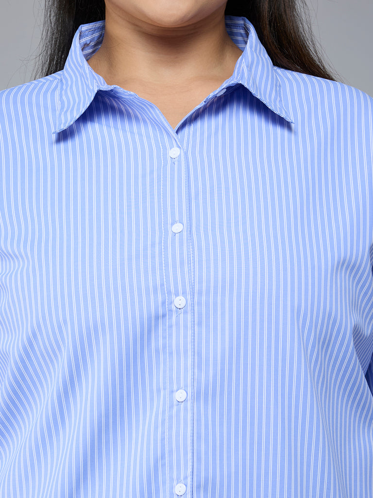 Style Quotient Plus Size Women Blue White Stripe Polycotton formal shirt-Shirts-StyleQuotient