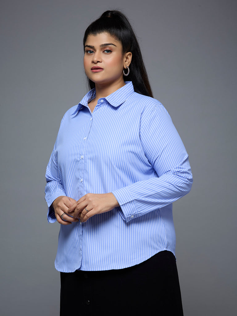 Style Quotient Plus Size Women Blue White Stripe Polycotton formal shirt-Shirts-StyleQuotient