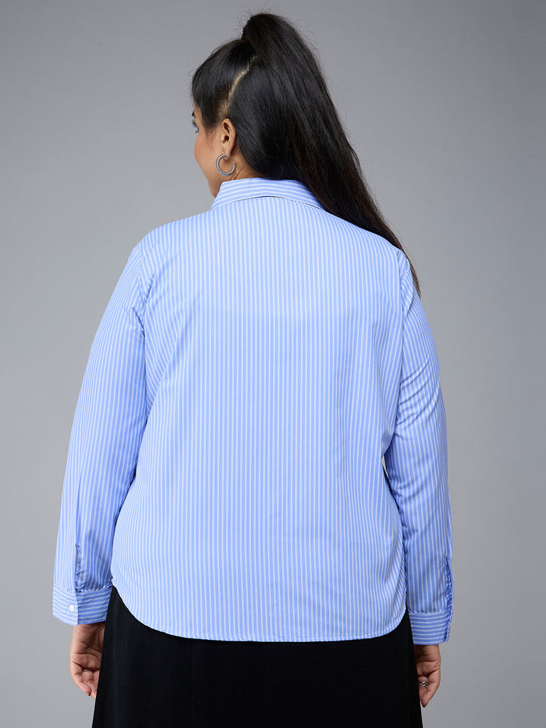 Style Quotient Plus Size Women Blue White Stripe Polycotton formal shirt-Shirts-StyleQuotient