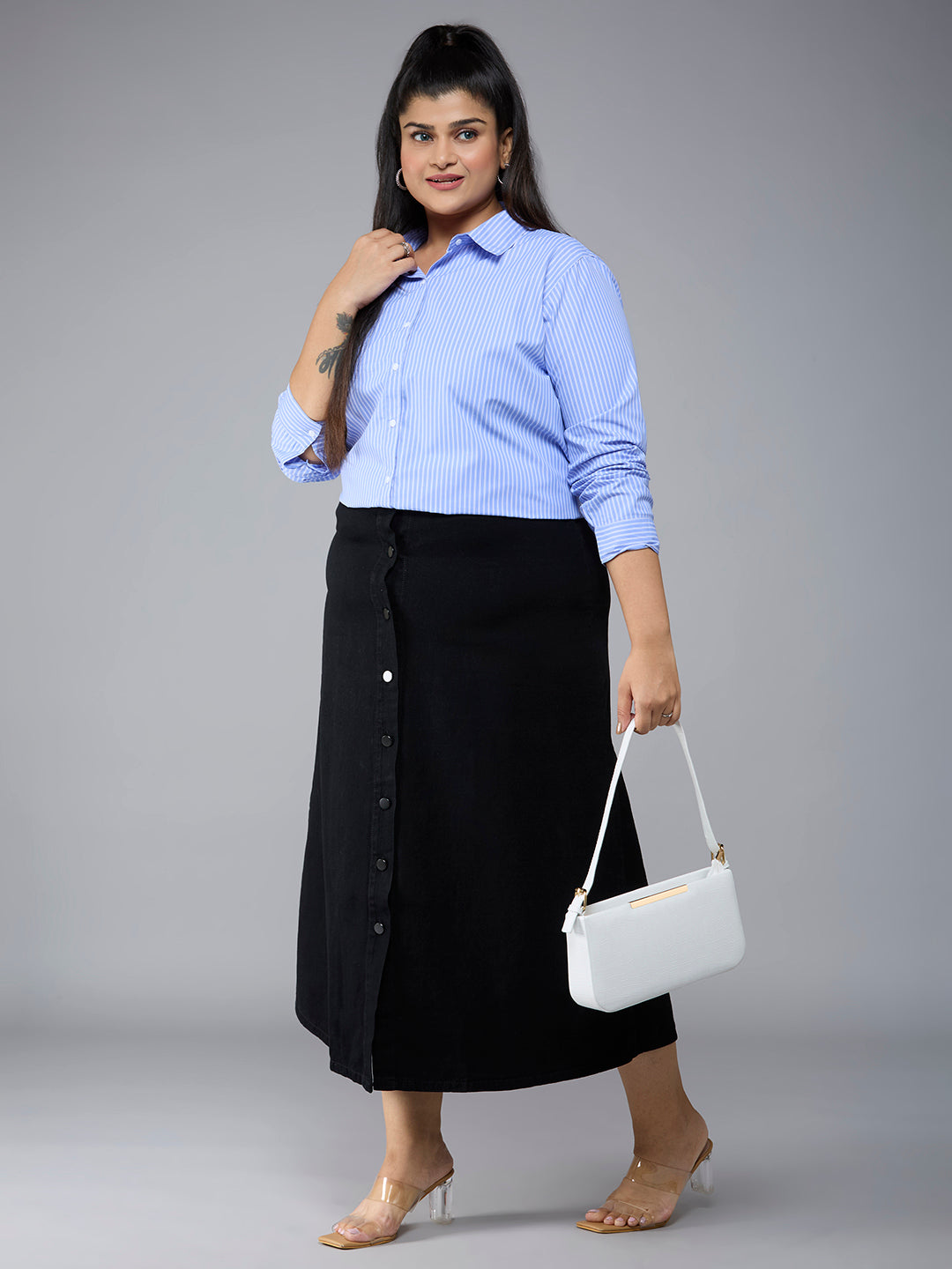 Style Quotient Plus Size Women Blue White Stripe Polycotton formal shirt-Shirts-StyleQuotient