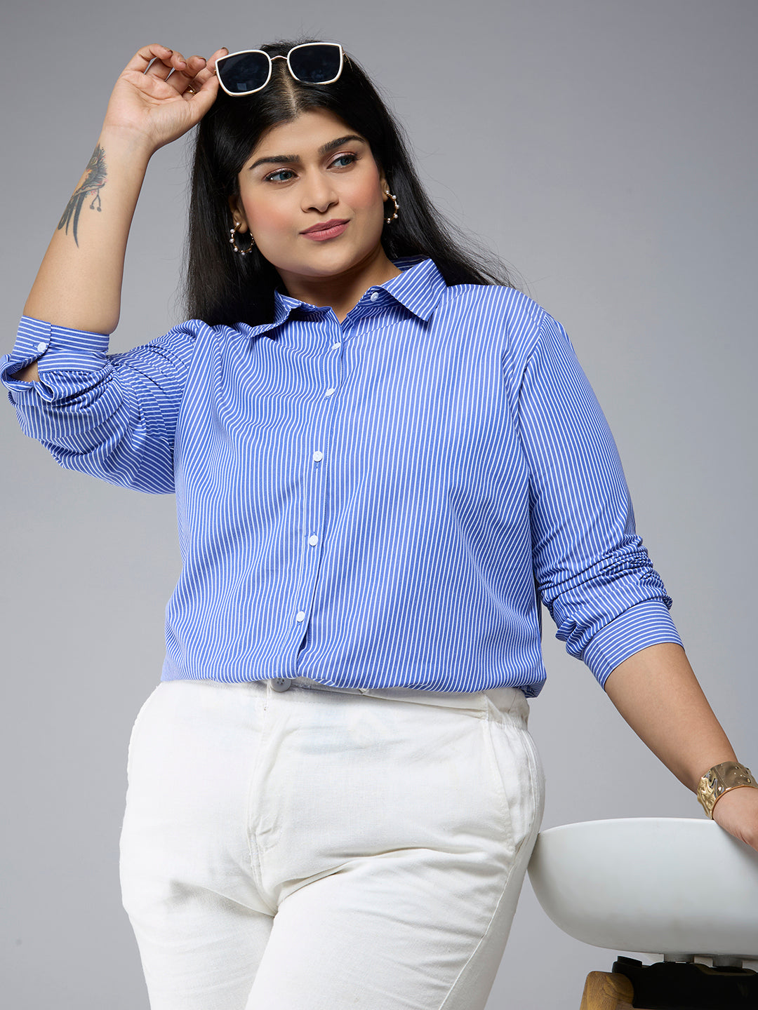 Style Quotient Plus Size Women Blue White Stripe Polycotton formal shirt-Shirts-StyleQuotient