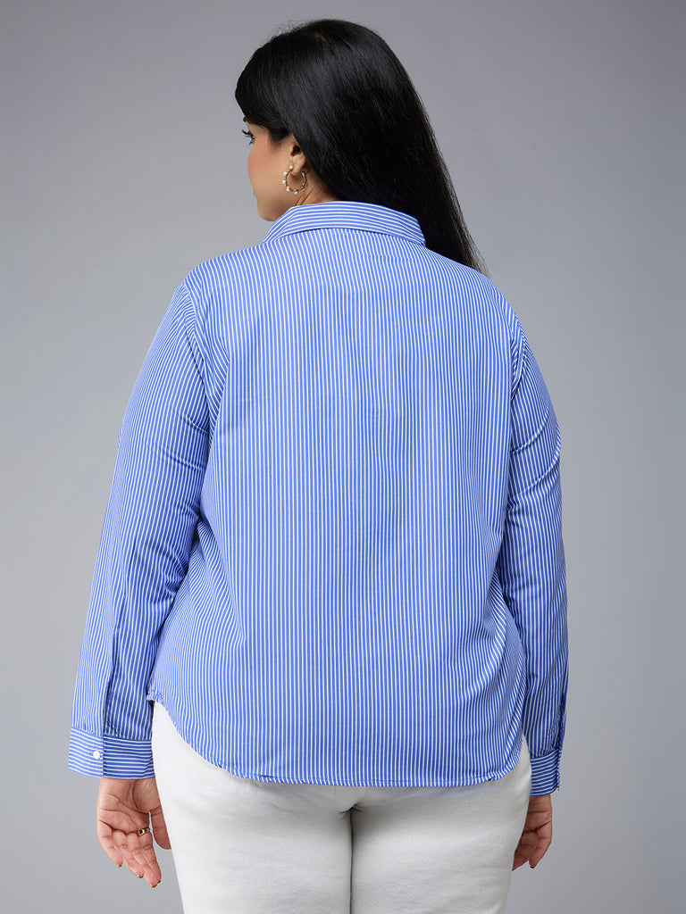 Style Quotient Plus Size Women Blue White Stripe Polycotton formal shirt-Shirts-StyleQuotient