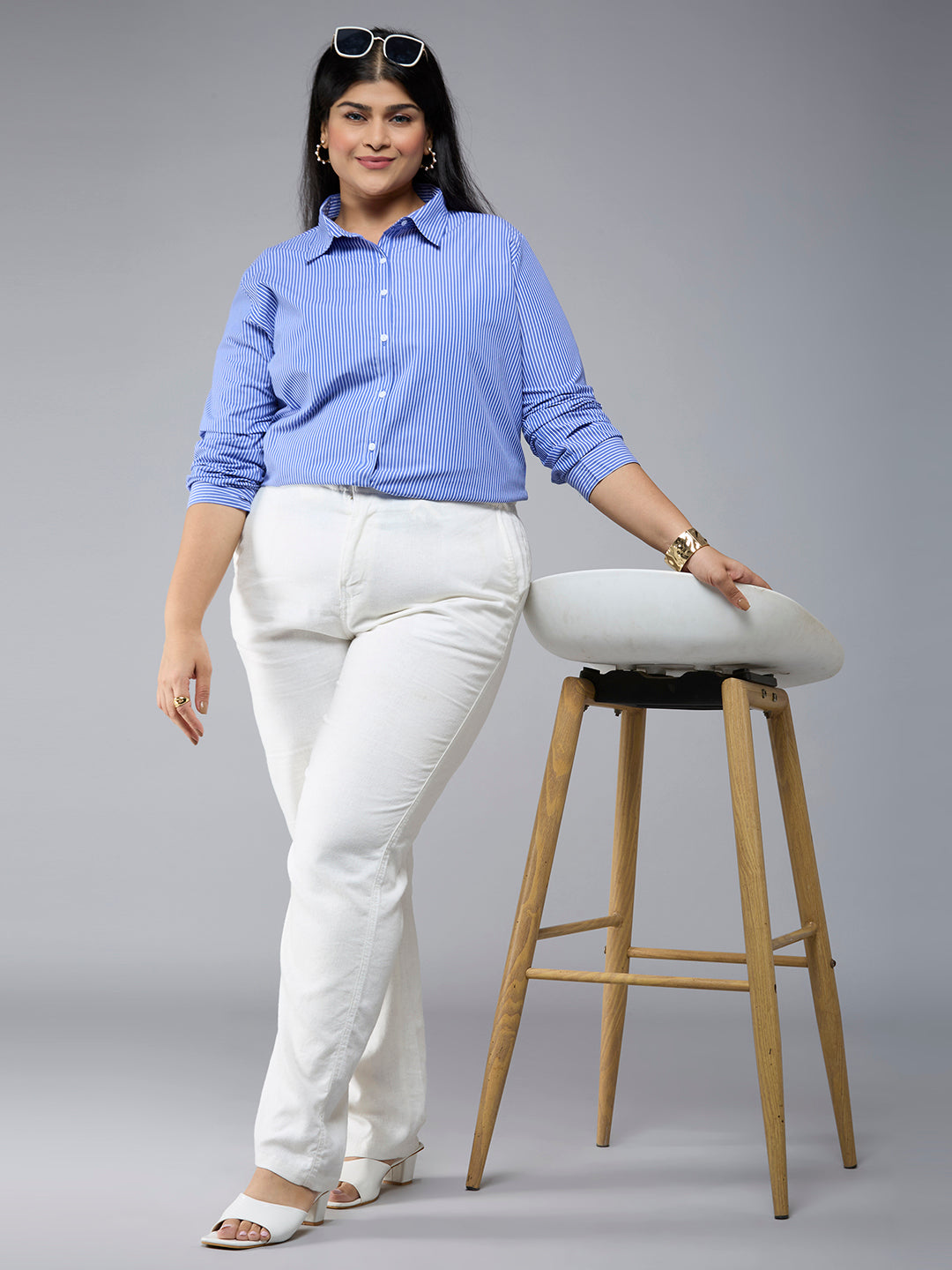 Style Quotient Plus Size Women Blue White Stripe Polycotton formal shirt-Shirts-StyleQuotient