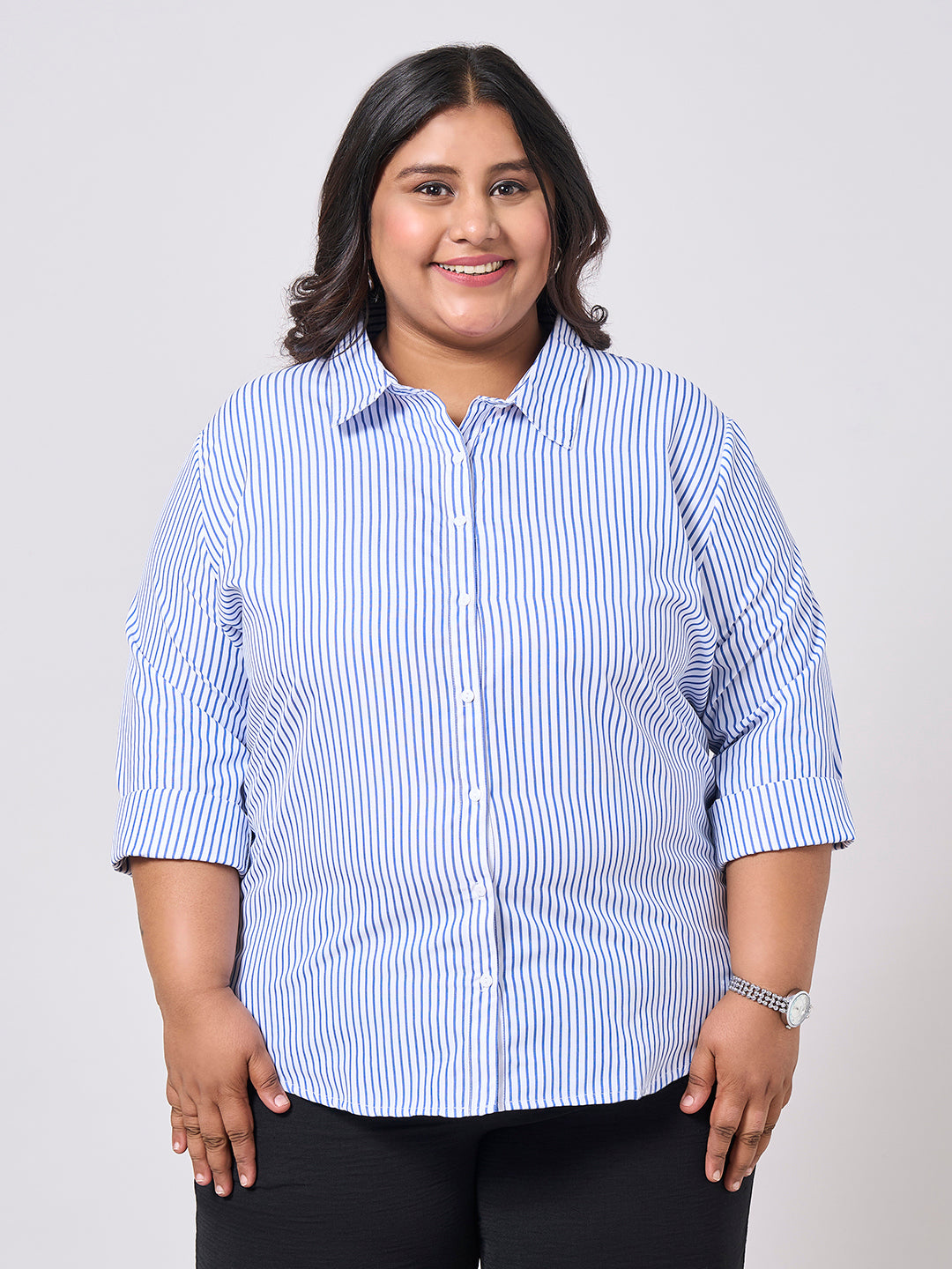 Style Quotient Women Blue White Stripe Polycotton formal shirt-Shirts-StyleQuotient