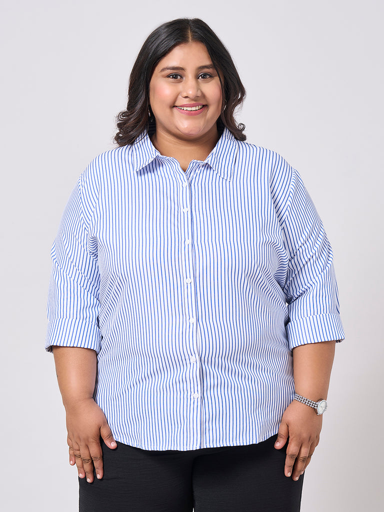 Style Quotient Women Blue White Stripe Polycotton formal shirt-Shirts-StyleQuotient