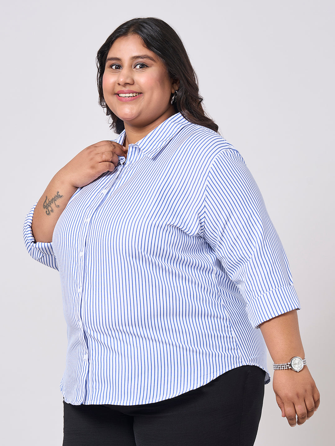 Style Quotient Women Blue White Stripe Polycotton formal shirt-Shirts-StyleQuotient