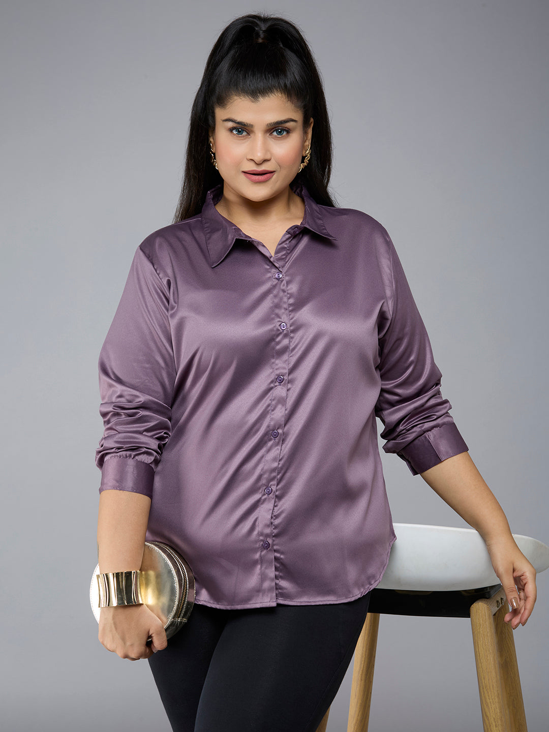 Style Quotient Plus Size Women Solid Mauve Satin formal shirt-Shirts-StyleQuotient