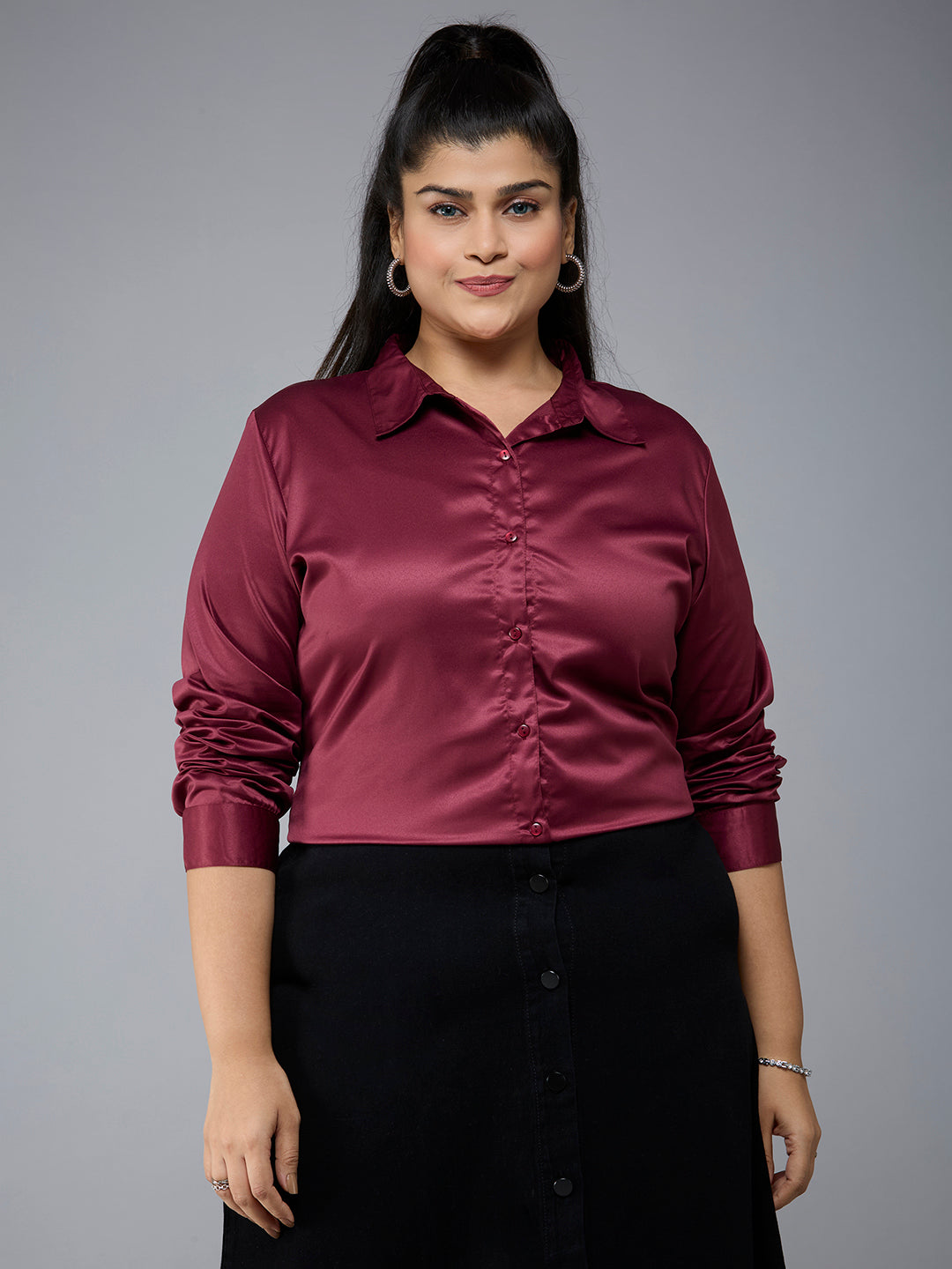 Style Quotient Plus Size Women Solid Maroon Satin formal shirt-Shirts-StyleQuotient