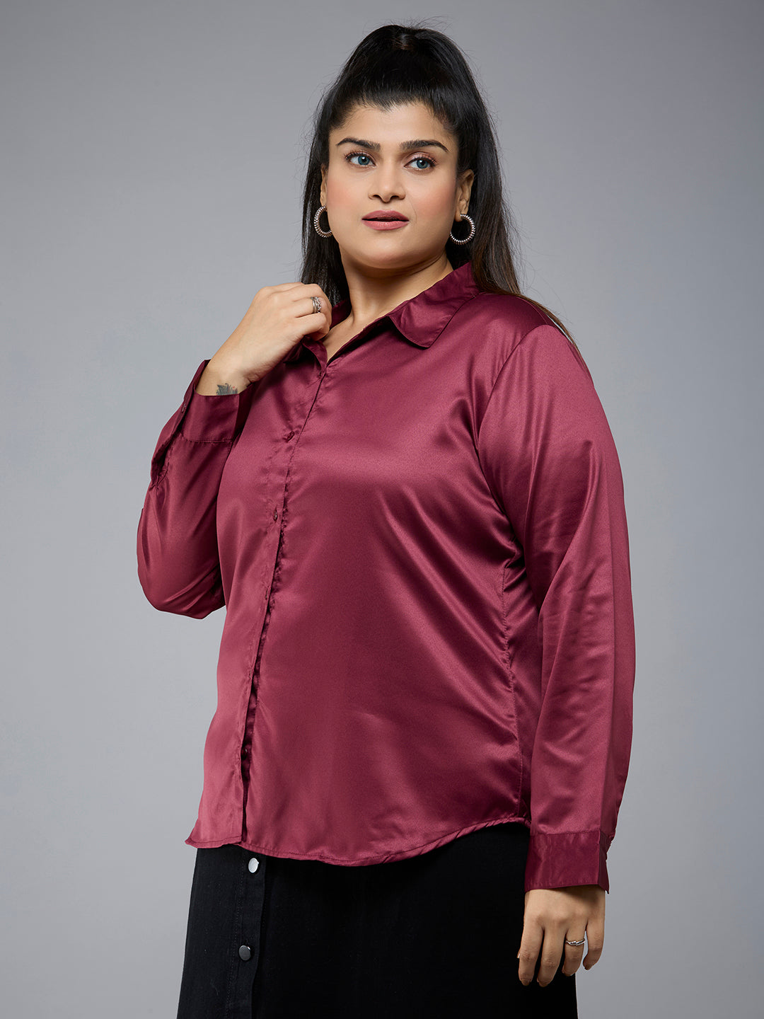 Style Quotient Plus Size Women Solid Maroon Satin formal shirt-Shirts-StyleQuotient