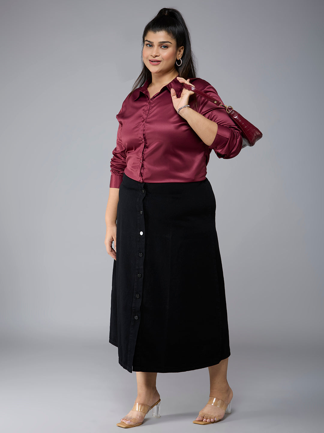 Style Quotient Plus Size Women Solid Maroon Satin formal shirt-Shirts-StyleQuotient