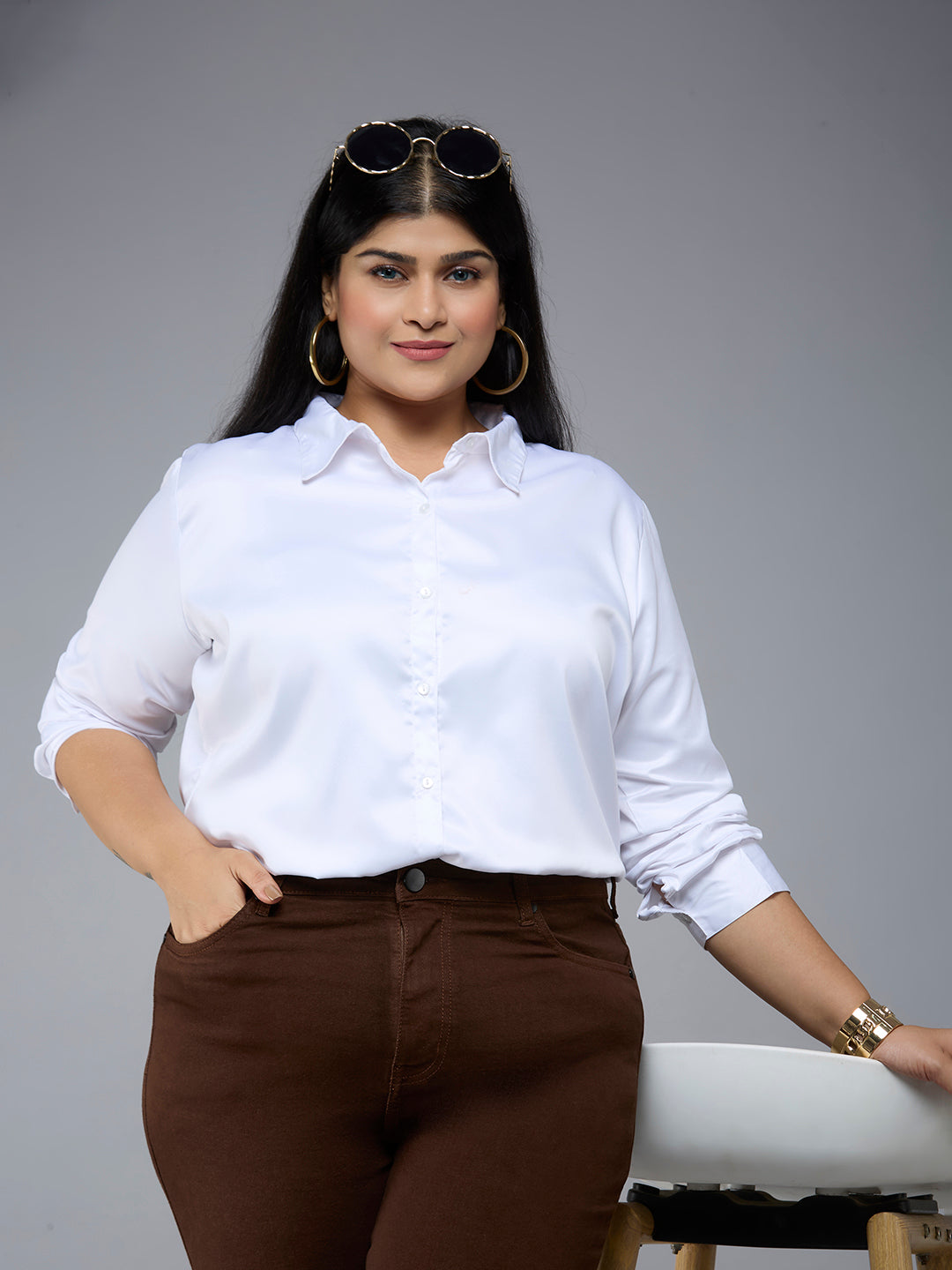 Style Quotient Plus Size Women Solid White Satin formal shirt-Shirts-StyleQuotient