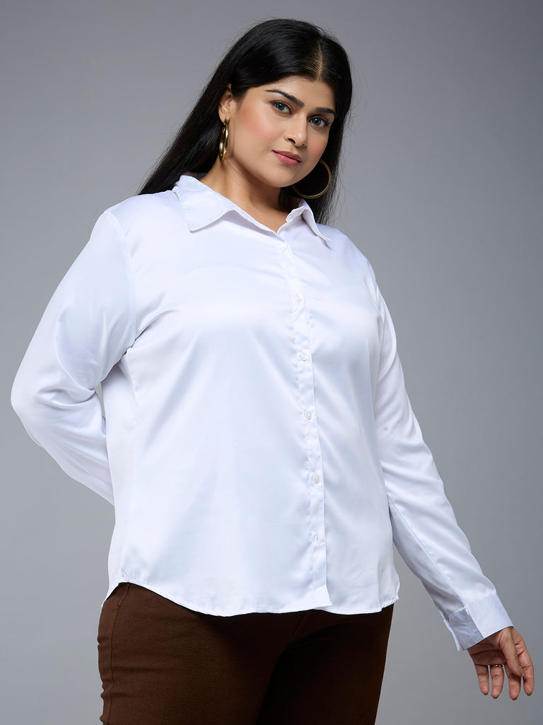 Style Quotient Plus Size Women Solid White Satin formal shirt-Shirts-StyleQuotient