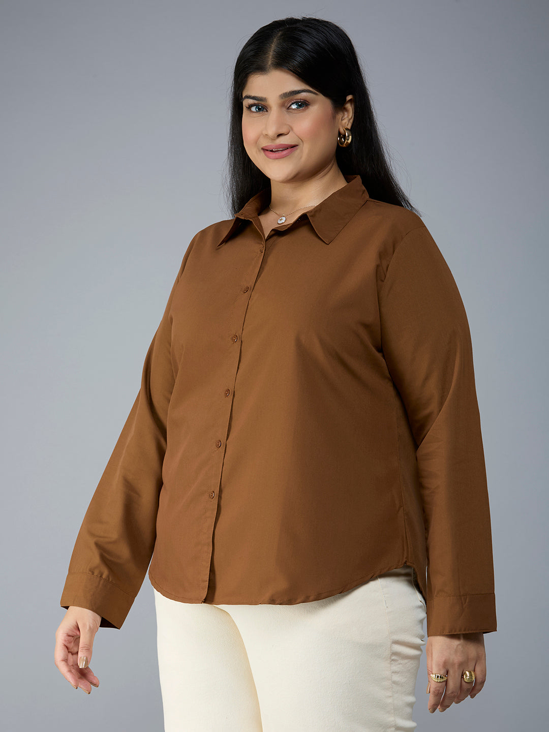 Style Quotient Plus Size Women Solid Camel Polycotton formal shirt-Shirts-StyleQuotient
