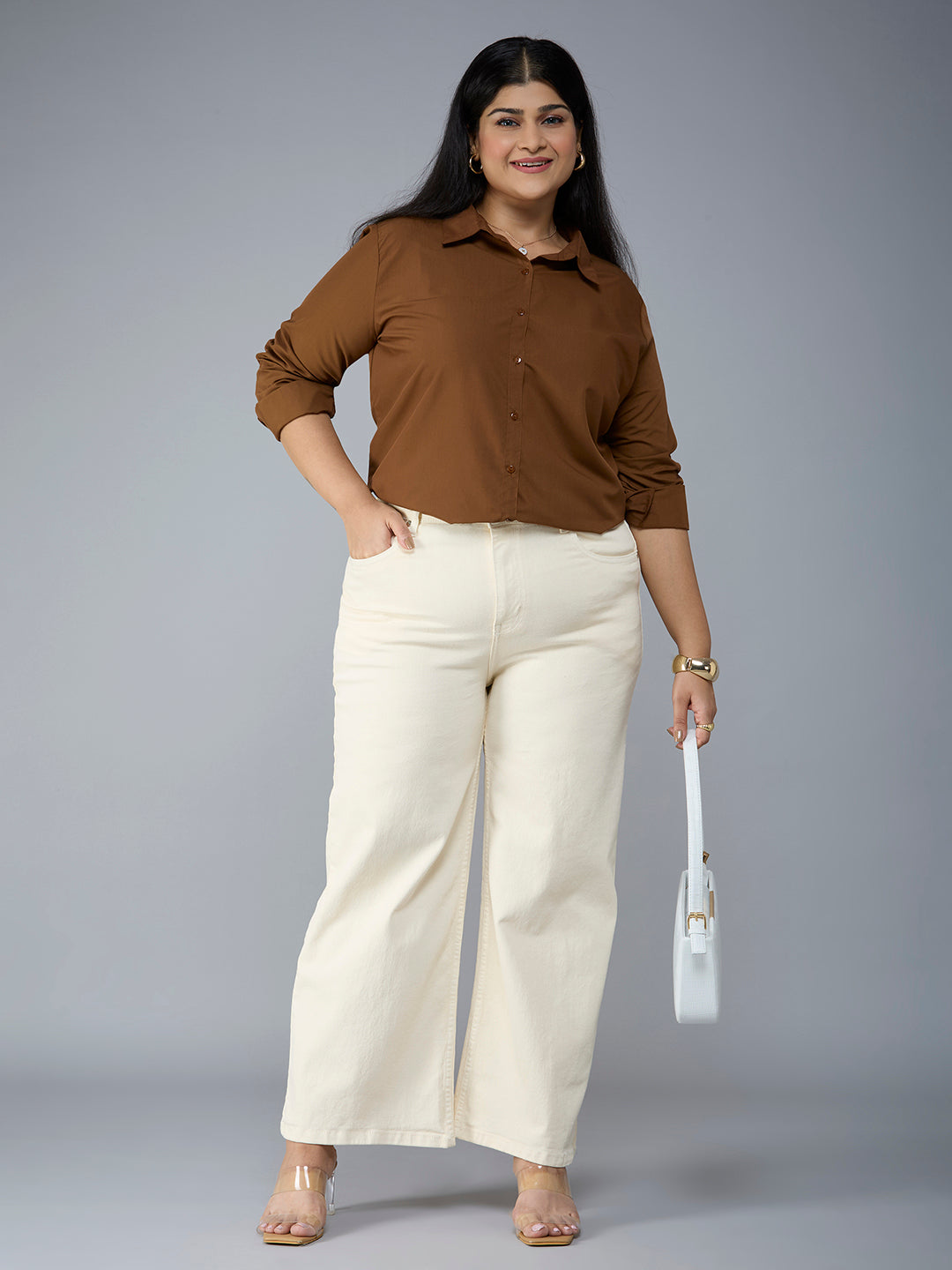 Style Quotient Plus Size Women Solid Camel Polycotton formal shirt-Shirts-StyleQuotient
